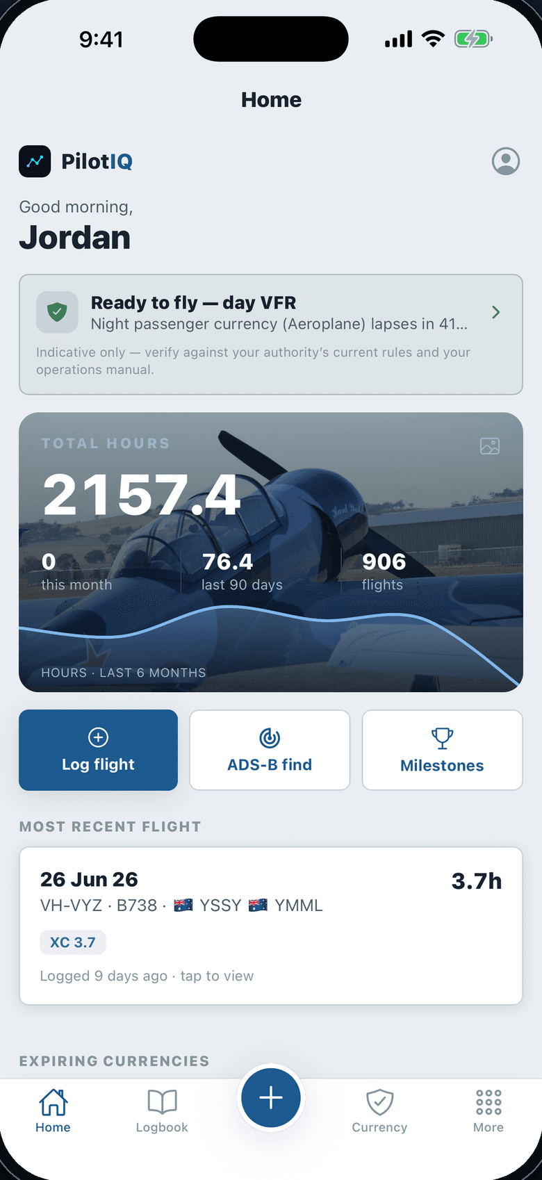 The real PilotIQ iOS logbook home screen
